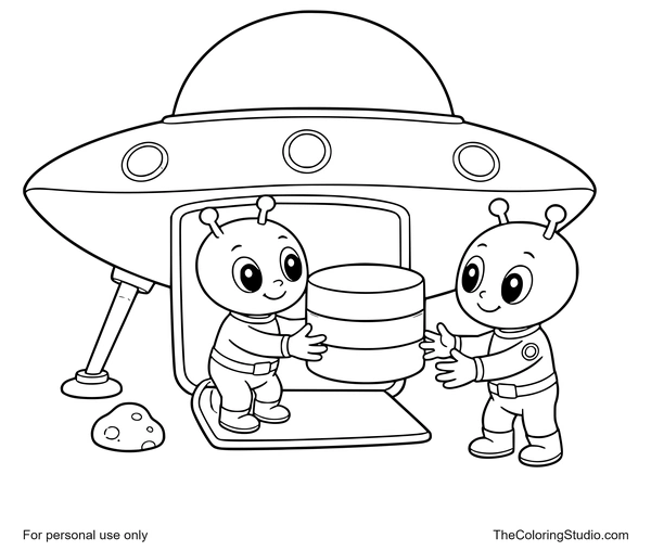 Two friendly aliens unloading a round container from a landed silver UFO on a white background.