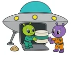 Two friendly aliens unloading a round container from a landed silver UFO on a white background.