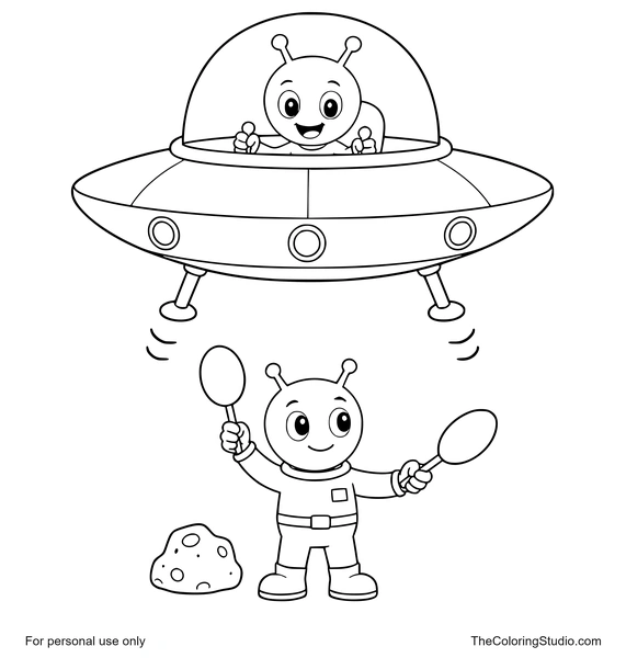 Green alien guiding a descending UFO with two signal paddles while a blue pilot watches from the dome.