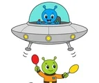 Green alien guiding a descending UFO with two signal paddles while a blue pilot watches from the dome.