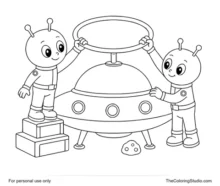 Two aliens installing a round antenna on a landed UFO with a small platform and moon rock on a white background.