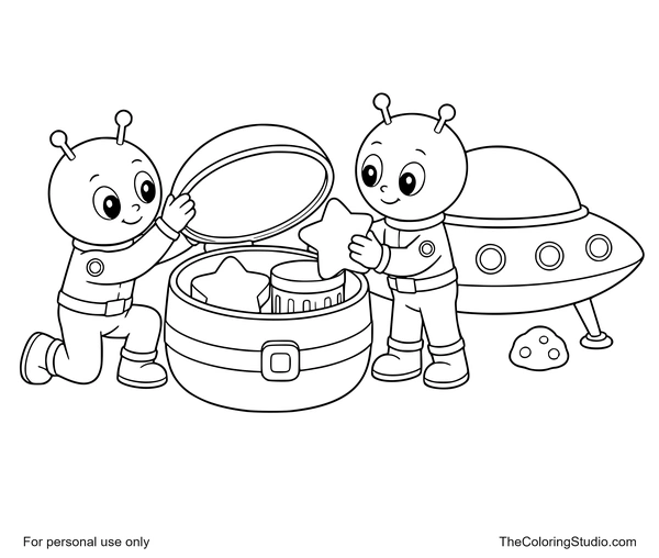 Two aliens opening a rounded space capsule beside a small landed UFO on a white background.