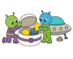 Two aliens opening a rounded space capsule beside a small landed UFO on a white background.