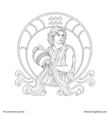 Aquarius water-bearer holding an amphora with two flowing streams inside a circular zodiac frame.