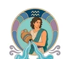 Aquarius water-bearer holding an amphora with two flowing streams inside a circular zodiac frame.