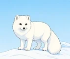Arctic fox standing alert on a snowy ridge with a bushy tail, small rocks, and a distant snowbank.