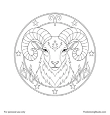 Aries ram with large curled horns inside a circular zodiac frame with stars and small flame motifs.