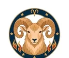 Aries ram with large curled horns inside a circular zodiac frame with stars and small flame motifs.