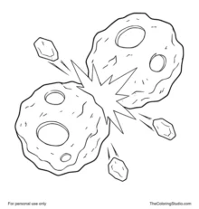 Two rocky asteroids colliding with a bright central impact burst and three large fragments on white.