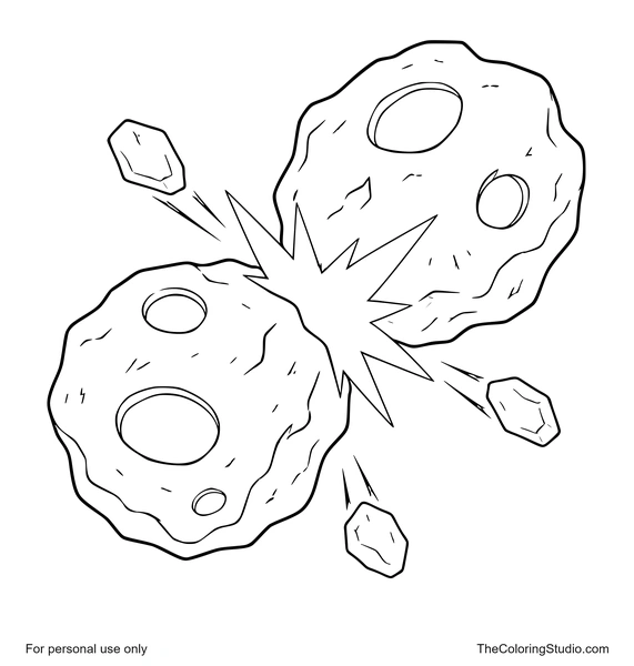 Two rocky asteroids colliding with a bright central impact burst and three large fragments on white.