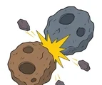 Two rocky asteroids colliding with a bright central impact burst and three large fragments on white.