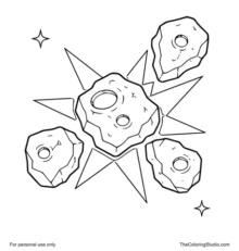 Large asteroid splitting into four rocky sections with a bright central fracture burst and two small twinkles on white.