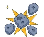 Large asteroid splitting into four rocky sections with a bright central fracture burst and two small twinkles on white.