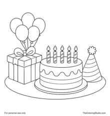 Birthday cover with a cake, balloons, gift box, and party hat grouped together on a white background.