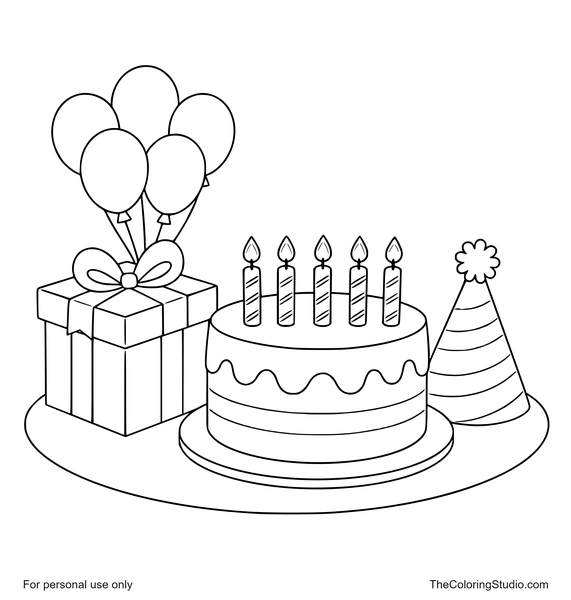 Birthday cover with a cake, balloons, gift box, and party hat grouped together on a white background.