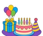 Birthday cover with a cake, balloons, gift box, and party hat grouped together on a white background.