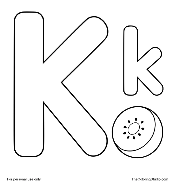 Uppercase K and lowercase k with a small kiwi fruit on a white background.