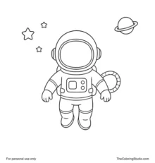 Astronaut floating with a rounded helmet, safety tether, small stars, and a tiny planet on a white background.