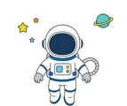 Astronaut floating with a rounded helmet, safety tether, small stars, and a tiny planet on a white background.