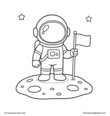 Spaceman standing on a small moon patch with a plain flag and tiny stars on a white background.