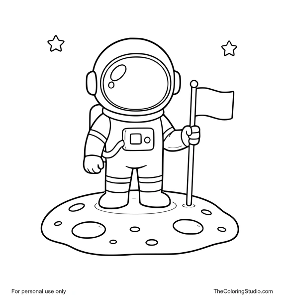 Spaceman standing on a small moon patch with a plain flag and tiny stars on a white background.
