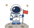 Spaceman standing on a small moon patch with a plain flag and tiny stars on a white background.