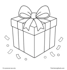 Large wrapped birthday gift box with a wide ribbon, simple bow, and confetti on a white background.