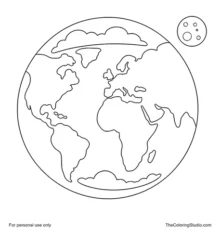 Earth with simple continents and a small moon nearby on a white background.