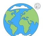 Earth with simple continents and a small moon nearby on a white background.