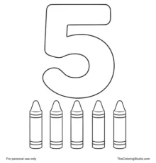 Large green number 5 with five small crayons below it on a white background.