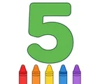 Large green number 5 with five small crayons below it on a white background.