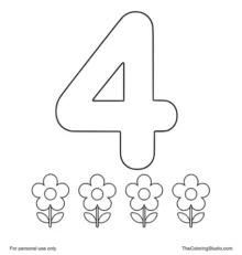 Large orange number 4 with four simple flowers below on a white background.