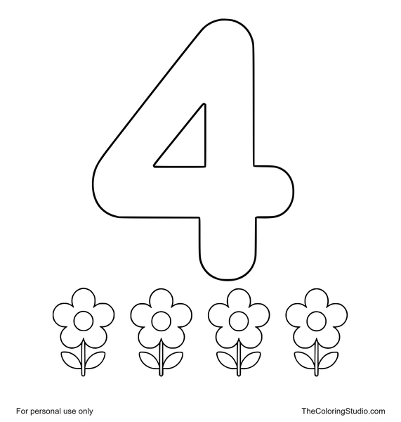 Large orange number 4 with four simple flowers below on a white background.