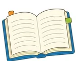 Open book with rounded pages, center fold, and small page tabs on a white background.