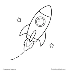 Rocket launching upward with simple fins, a round window, small stars, and a white background.