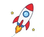 Rocket launching upward with simple fins, a round window, small stars, and a white background.