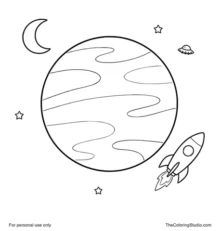 Bright space category cover with a blue planet, small rocket, crescent moon, UFO, and simple stars.