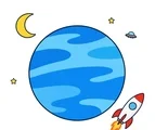 Bright space category cover with a blue planet, small rocket, crescent moon, UFO, and simple stars.