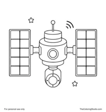 Space station with solar panels and tiny stars on a white background.