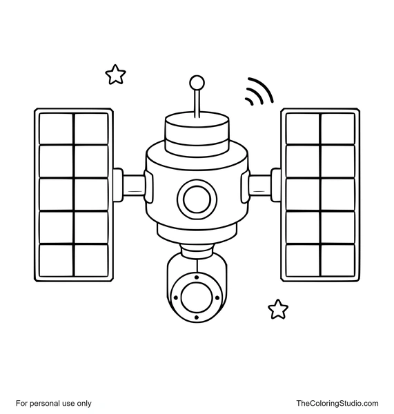 Space station with solar panels and tiny stars on a white background.