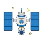 Space station with solar panels and tiny stars on a white background.