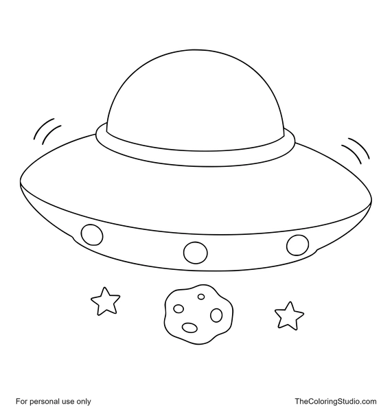 Classic silver UFO with a turquoise dome hovering above a small moon rock and two stars on white.