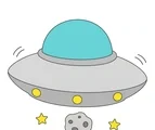 Classic silver UFO with a turquoise dome hovering above a small moon rock and two stars on white.