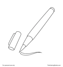 Brush pen with a flexible dark blue tip, matching cap, and one curved ink stroke.