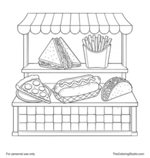 Two-level snack bar with a hot dog, pizza slice, taco, sandwich halves, fries, and a striped awning.