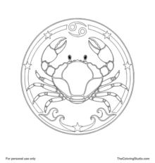 Front-facing Cancer crab with two raised claws inside a zodiac frame with stars and four wave accents.