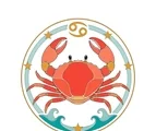 Front-facing Cancer crab with two raised claws inside a zodiac frame with stars and four wave accents.