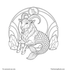 Capricorn sea-goat with curled horns and a fish tail inside a circular zodiac frame with earth-inspired arc panels.