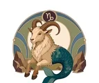 Capricorn sea-goat with curled horns and a fish tail inside a circular zodiac frame with earth-inspired arc panels.