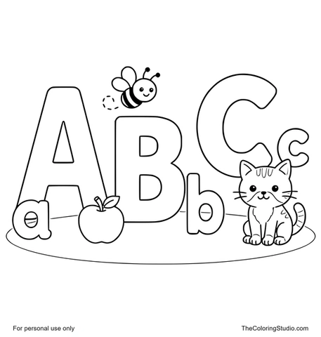 Large ABC letters with lowercase pairs, an apple, a bee, and a cat on a simple white background.